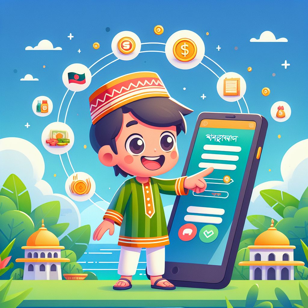 Cartoon character in Bangladesh using a mobile payment app with digital wallet icons