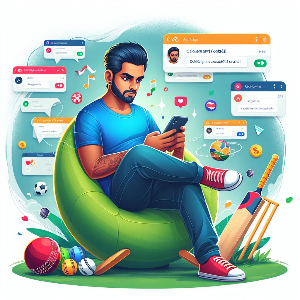 Cartoon Bangladeshi bettor using a mobile app to place bets with sports icons around