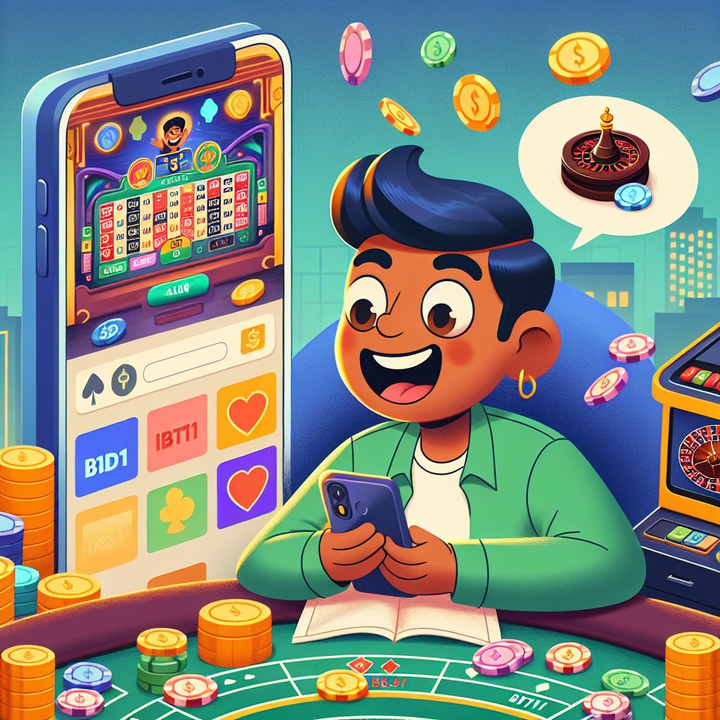 Cartoon character at BDT111 casino table with slots and chips around