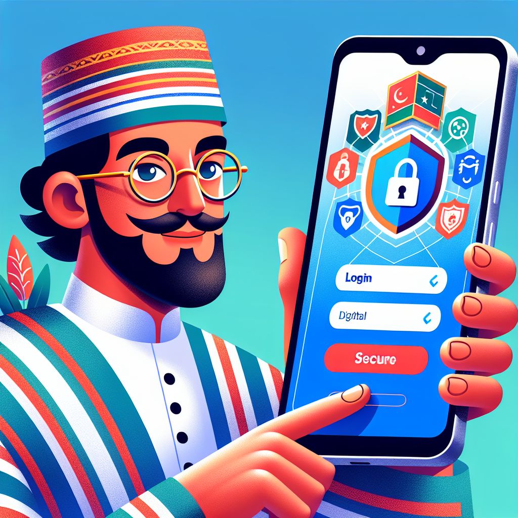 BDT111 login cartoon character entering secure portal with phone
