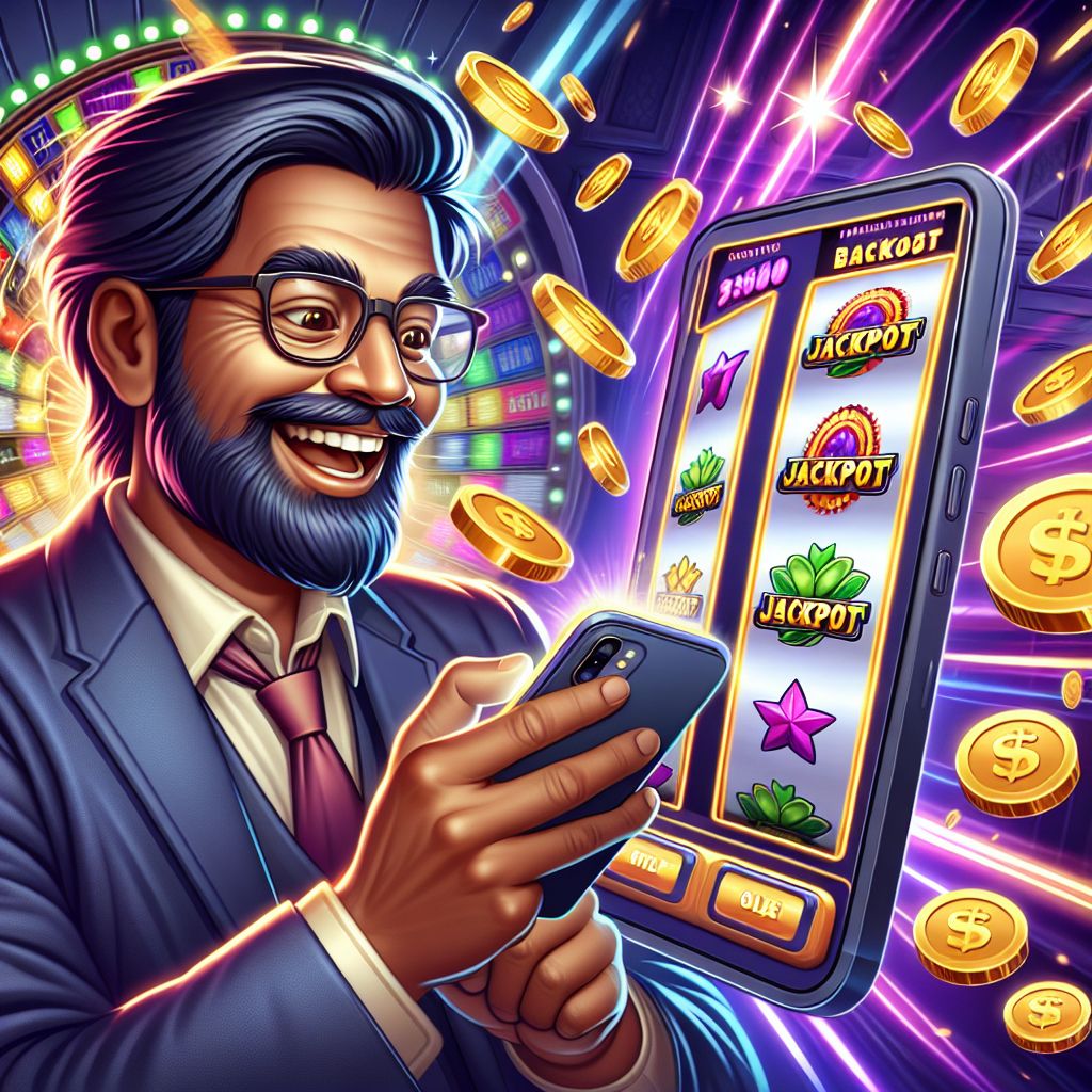 Cartoon Bangladeshi gamer enjoying online slot reels with coins and jackpots around